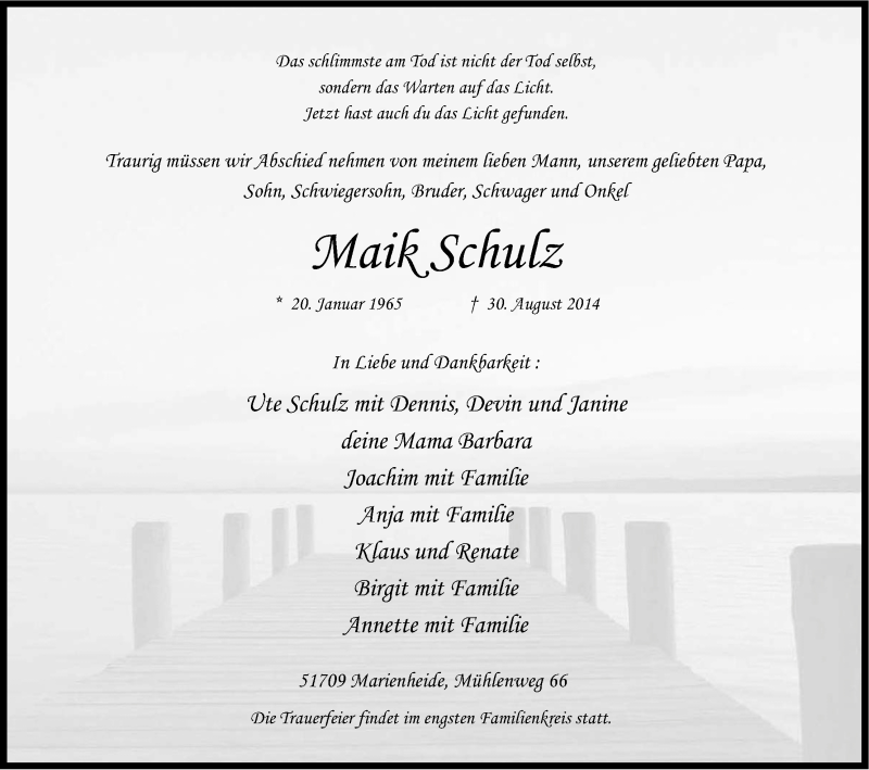  Traueranzeige für Maik Schulz vom 03.09.2014 aus Kölner Stadt-Anzeiger / Kölnische Rundschau / Express