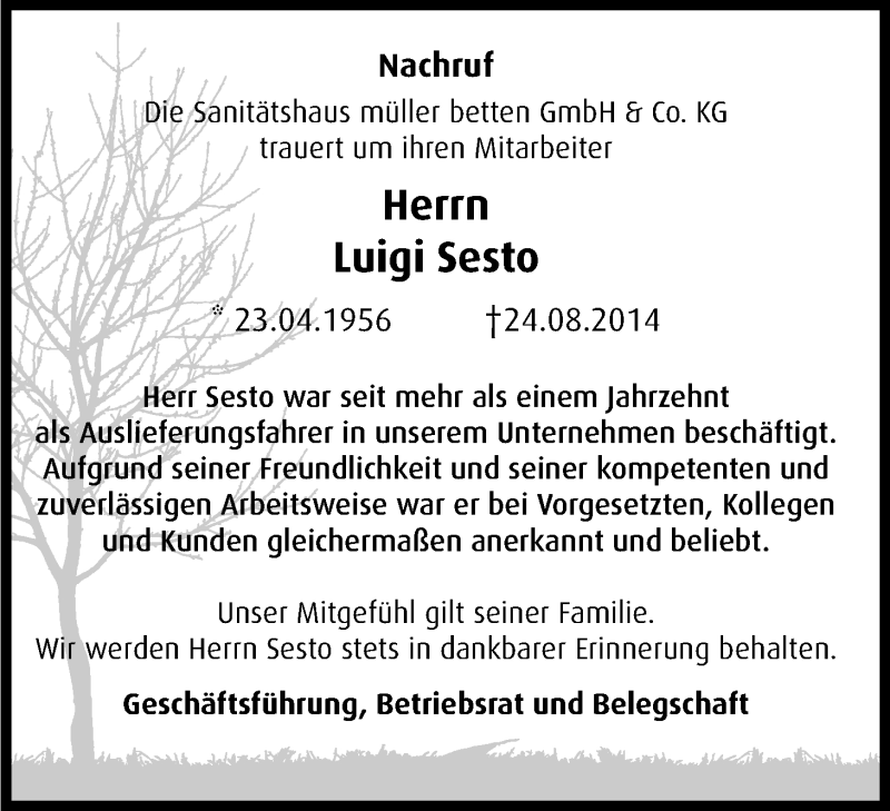  Traueranzeige für Luigi Sesto vom 03.09.2014 aus Kölner Stadt-Anzeiger / Kölnische Rundschau / Express