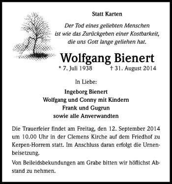 Anzeige von Wolfgang Bienert von Kölner Stadt-Anzeiger / Kölnische Rundschau / Express