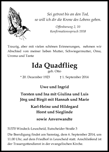 Anzeige von Ida Quadflieg von Kölner Stadt-Anzeiger / Kölnische Rundschau / Express