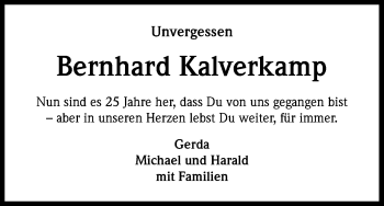 Anzeige von Bernhard Kalverkamp von Kölner Stadt-Anzeiger / Kölnische Rundschau / Express