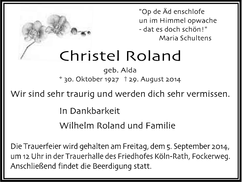  Traueranzeige für Christel Roland vom 03.09.2014 aus Kölner Stadt-Anzeiger / Kölnische Rundschau / Express