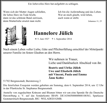 Anzeige von Hannelore Jülich von Kölner Stadt-Anzeiger / Kölnische Rundschau / Express