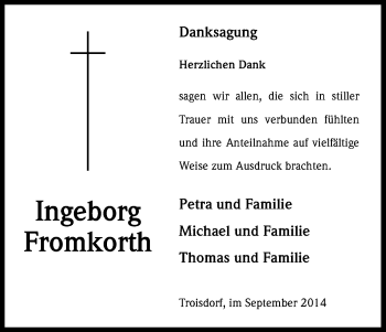 Anzeige von Ingeborg Fromkorth von Kölner Stadt-Anzeiger / Kölnische Rundschau / Express