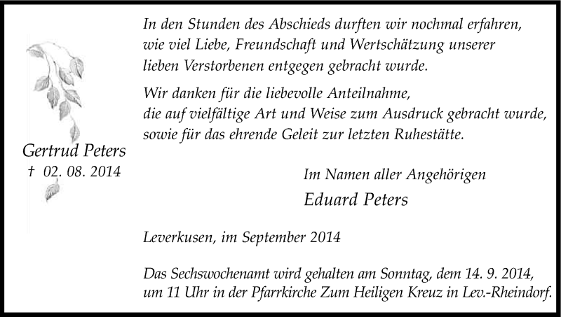  Traueranzeige für Gertrud Peters vom 06.09.2014 aus Kölner Stadt-Anzeiger / Kölnische Rundschau / Express