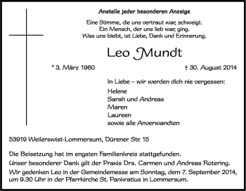 Anzeige von Leo Mundt von Kölner Stadt-Anzeiger / Kölnische Rundschau / Express