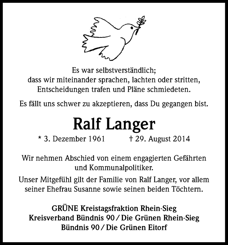  Traueranzeige für Ralf Langer vom 03.09.2014 aus Kölner Stadt-Anzeiger / Kölnische Rundschau / Express