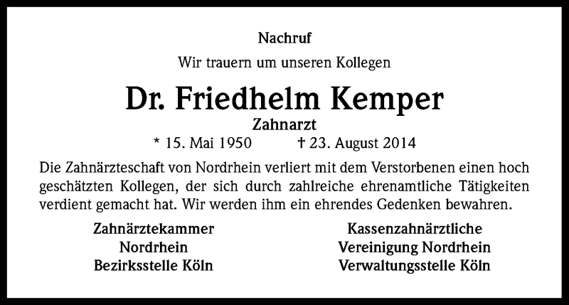  Traueranzeige für Friedhelm Kemper vom 04.09.2014 aus Kölner Stadt-Anzeiger / Kölnische Rundschau / Express