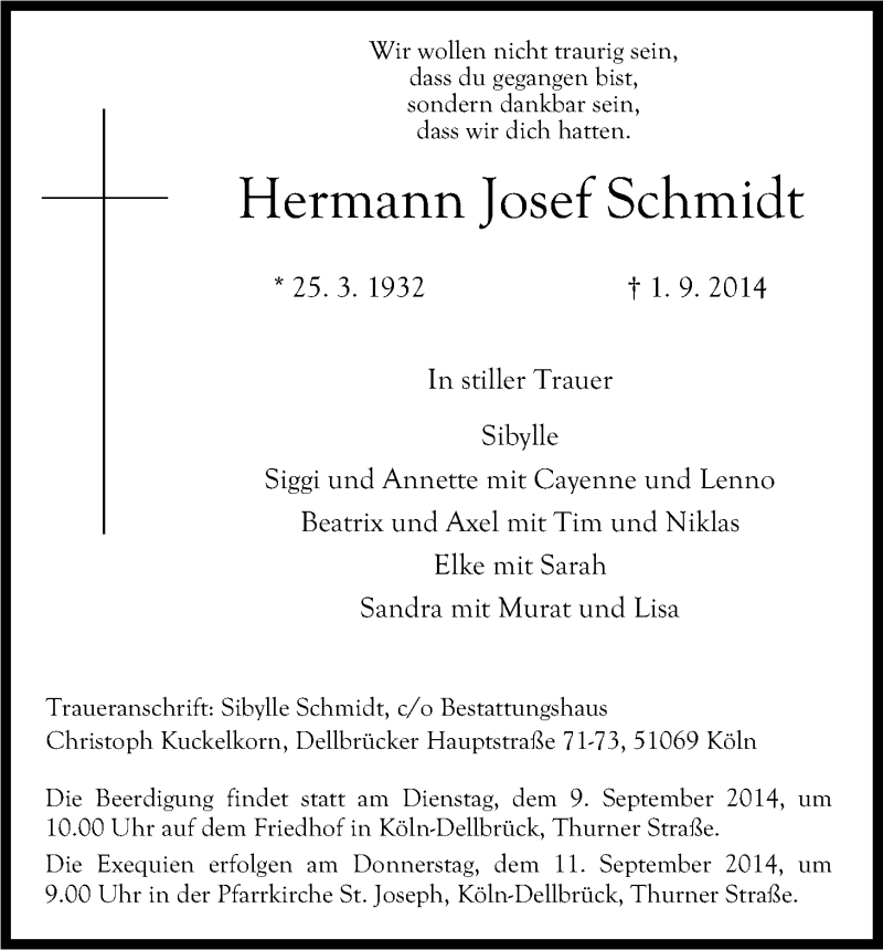  Traueranzeige für Hermann Josef Schmidt vom 06.09.2014 aus Kölner Stadt-Anzeiger / Kölnische Rundschau / Express
