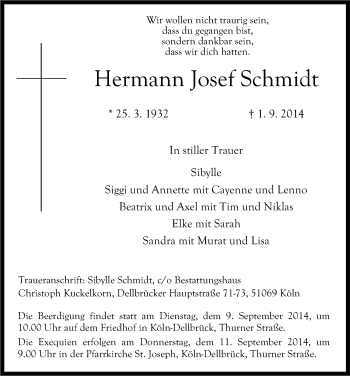 Anzeige von Hermann Josef Schmidt von Kölner Stadt-Anzeiger / Kölnische Rundschau / Express