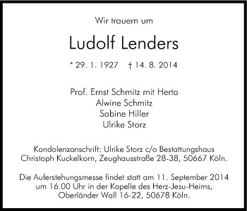 Anzeige von Ludolf Lenders von Kölner Stadt-Anzeiger / Kölnische Rundschau / Express