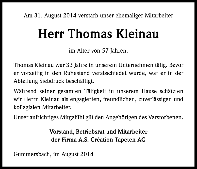  Traueranzeige für Thomas Kleinau vom 04.09.2014 aus Kölner Stadt-Anzeiger / Kölnische Rundschau / Express