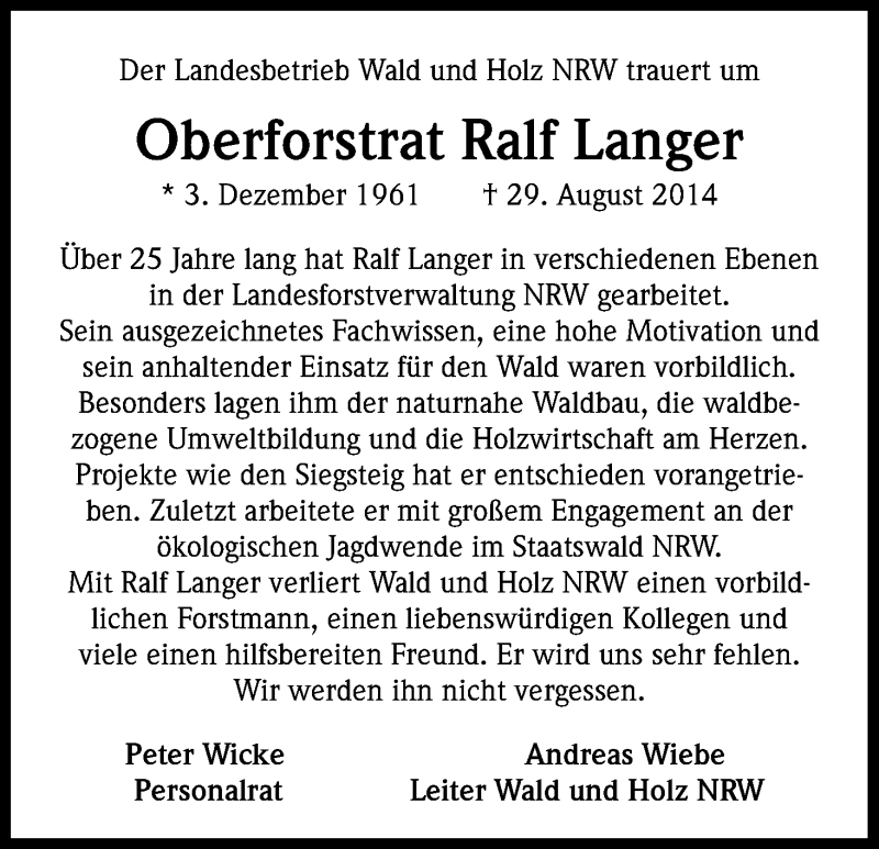  Traueranzeige für Ralf Langer vom 04.09.2014 aus Kölner Stadt-Anzeiger / Kölnische Rundschau / Express