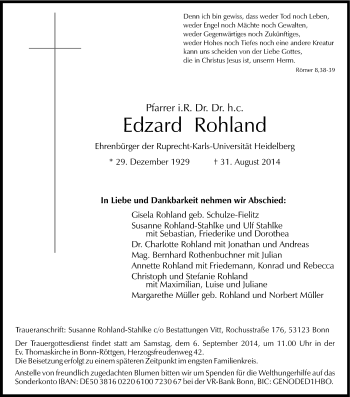 Anzeige von Edzard Rohland von Kölner Stadt-Anzeiger / Kölnische Rundschau / Express