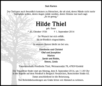 Anzeige von Hildegard Thiel von Kölner Stadt-Anzeiger / Kölnische Rundschau / Express