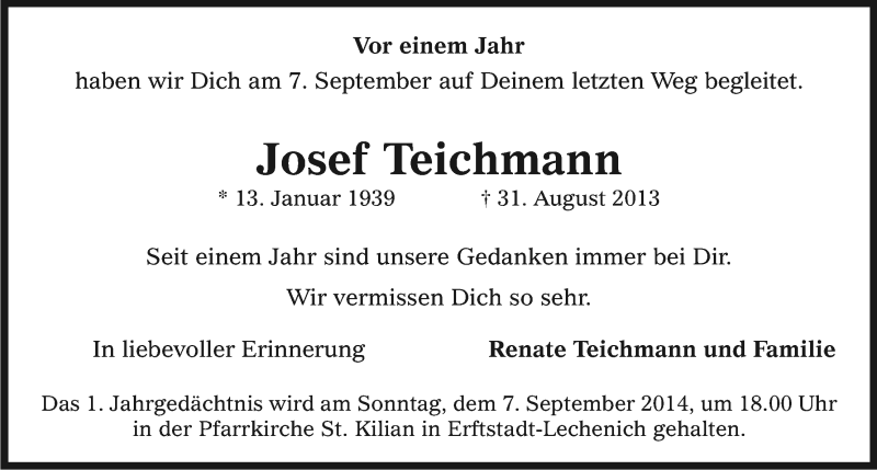  Traueranzeige für Josef Teichmann vom 05.09.2014 aus Kölner Stadt-Anzeiger / Kölnische Rundschau / Express
