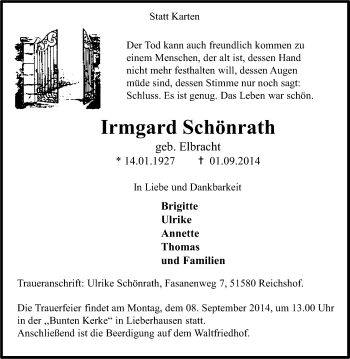 Anzeige von Irmgard Schönrath von Kölner Stadt-Anzeiger / Kölnische Rundschau / Express