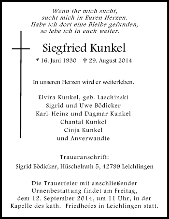 Anzeige von Siegfried Kunkel von Kölner Stadt-Anzeiger / Kölnische Rundschau / Express