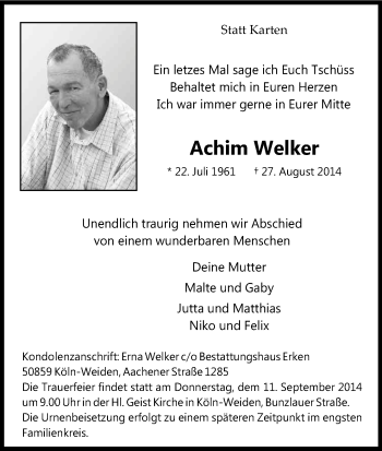 Anzeige von Achim Welker von Kölner Stadt-Anzeiger / Kölnische Rundschau / Express