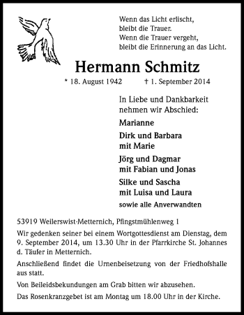 Anzeige von Hermann Schmitz von Kölner Stadt-Anzeiger / Kölnische Rundschau / Express