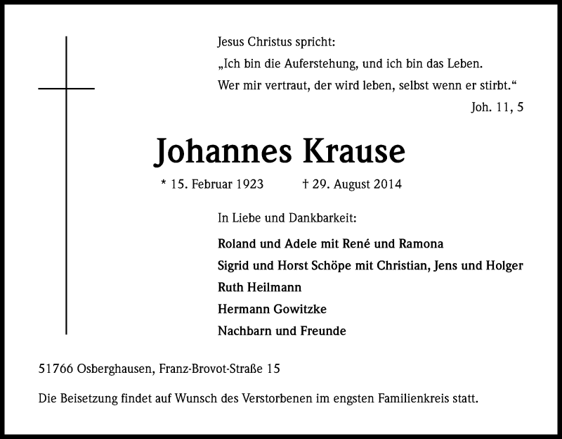  Traueranzeige für Johannes Krause vom 05.09.2014 aus Kölner Stadt-Anzeiger / Kölnische Rundschau / Express