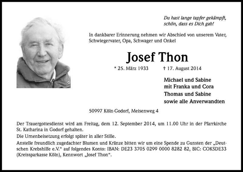  Traueranzeige für Josef Thon vom 06.09.2014 aus Kölner Stadt-Anzeiger / Kölnische Rundschau / Express