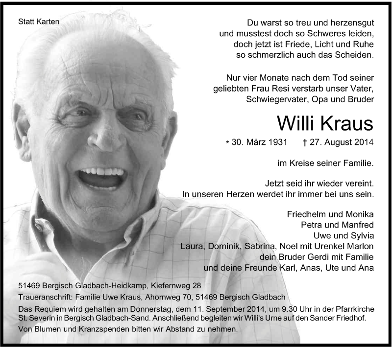  Traueranzeige für Willi Kraus vom 06.09.2014 aus Kölner Stadt-Anzeiger / Kölnische Rundschau / Express