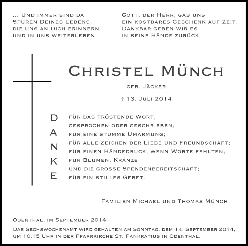  Traueranzeige für Christel Münch vom 06.09.2014 aus Kölner Stadt-Anzeiger / Kölnische Rundschau / Express