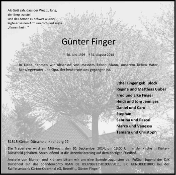 Anzeige von Günter Finger von Kölner Stadt-Anzeiger / Kölnische Rundschau / Express