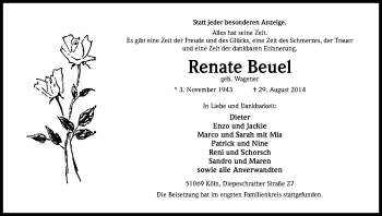Anzeige von Renate Beuel von Kölner Stadt-Anzeiger / Kölnische Rundschau / Express