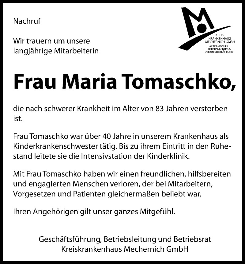  Traueranzeige für Maria Tomaschko vom 04.09.2014 aus Kölner Stadt-Anzeiger / Kölnische Rundschau / Express