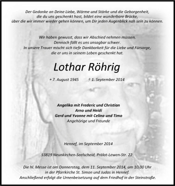 Anzeige von Lothar Röhrig von Kölner Stadt-Anzeiger / Kölnische Rundschau / Express