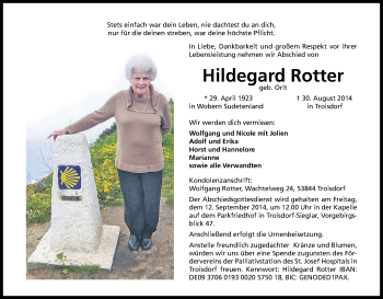 Anzeige von Hildegard Rotter von Kölner Stadt-Anzeiger / Kölnische Rundschau / Express