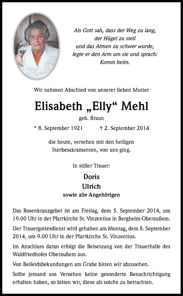  Traueranzeige für Elisabeth Mehl vom 04.09.2014 aus Kölner Stadt-Anzeiger / Kölnische Rundschau / Express