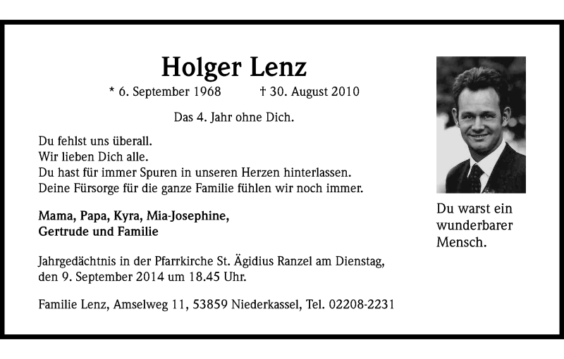  Traueranzeige für Holger Lenz vom 06.09.2014 aus Kölner Stadt-Anzeiger / Kölnische Rundschau / Express