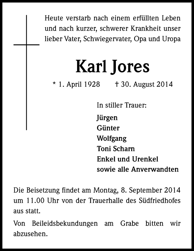  Traueranzeige für Karl Jores vom 06.09.2014 aus Kölner Stadt-Anzeiger / Kölnische Rundschau / Express