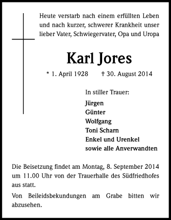 Anzeige von Karl Jores von Kölner Stadt-Anzeiger / Kölnische Rundschau / Express