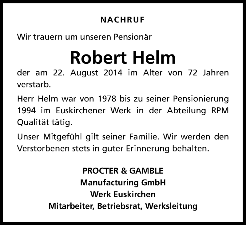  Traueranzeige für Robert Helm vom 04.09.2014 aus Kölner Stadt-Anzeiger / Kölnische Rundschau / Express