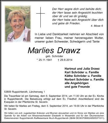 Anzeige von Marlies Drawz von Kölner Stadt-Anzeiger / Kölnische Rundschau / Express