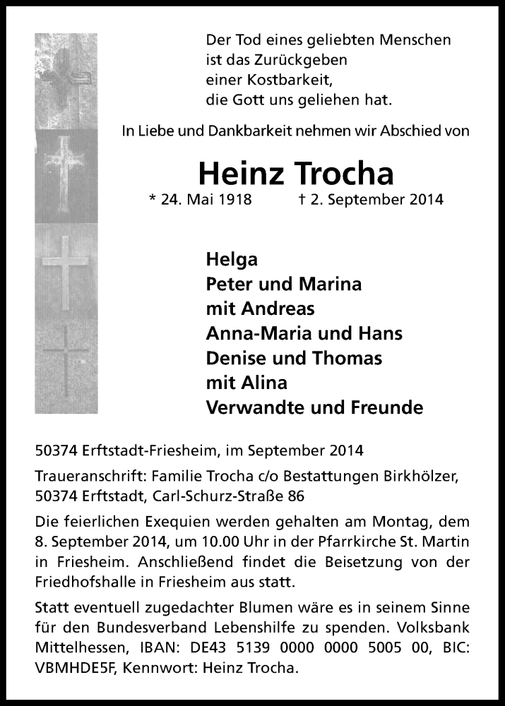  Traueranzeige für Heinz Trocha vom 05.09.2014 aus Kölner Stadt-Anzeiger / Kölnische Rundschau / Express