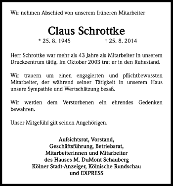 Anzeige von Claus Schrottke von Kölner Stadt-Anzeiger / Kölnische Rundschau / Express