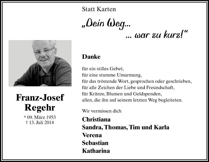  Traueranzeige für Franz-Josef Regehr vom 06.09.2014 aus Kölner Stadt-Anzeiger / Kölnische Rundschau / Express