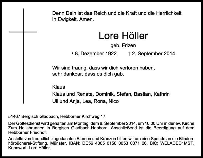  Traueranzeige für Lore Höller vom 05.09.2014 aus Kölner Stadt-Anzeiger / Kölnische Rundschau / Express