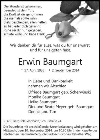 Anzeige von Erwin Baumgart von Kölner Stadt-Anzeiger / Kölnische Rundschau / Express