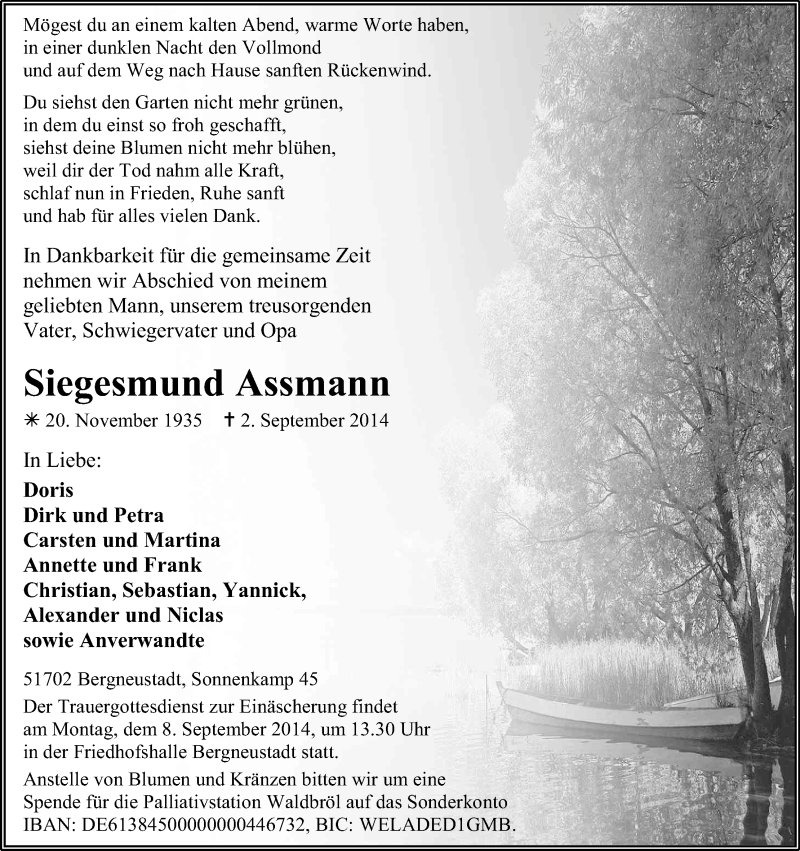  Traueranzeige für Siegesmund Assmann vom 05.09.2014 aus Kölner Stadt-Anzeiger / Kölnische Rundschau / Express