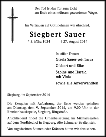 Anzeige von Siegbert Sauer von Kölner Stadt-Anzeiger / Kölnische Rundschau / Express