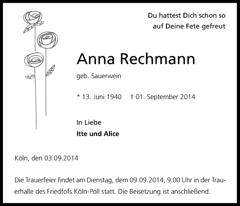  Traueranzeige für Anna Rechmann vom 06.09.2014 aus Kölner Stadt-Anzeiger / Kölnische Rundschau / Express