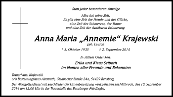 Anzeige von Anna Maria Krajewski von Kölner Stadt-Anzeiger / Kölnische Rundschau / Express