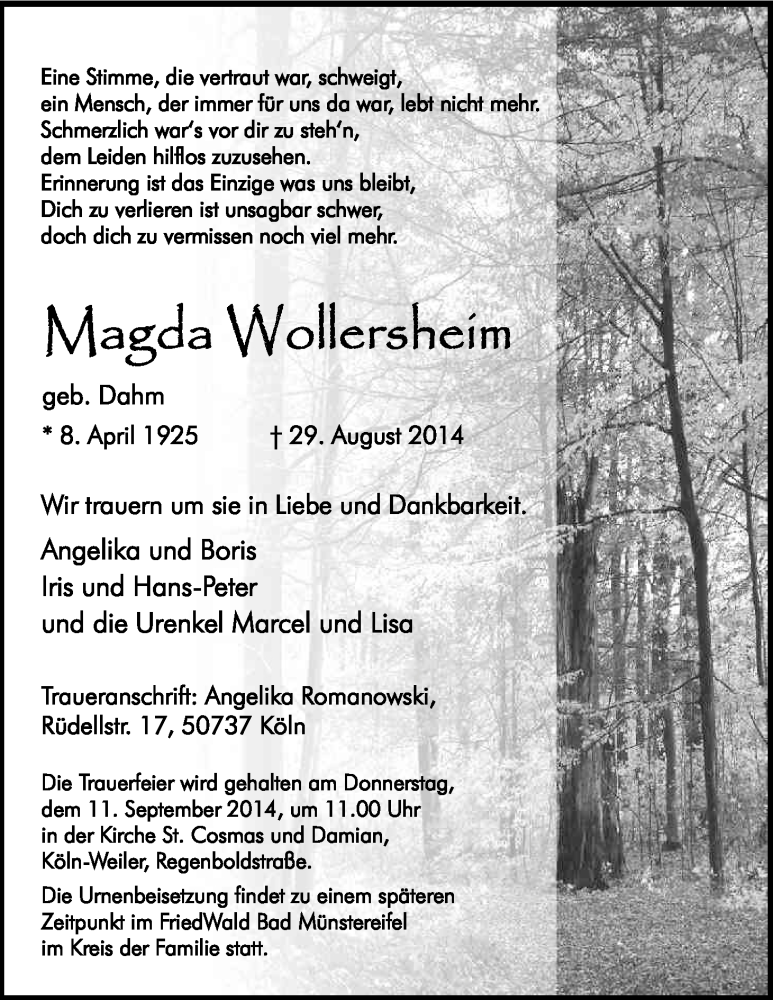  Traueranzeige für Magda Wollerskeim vom 06.09.2014 aus Kölner Stadt-Anzeiger / Kölnische Rundschau / Express