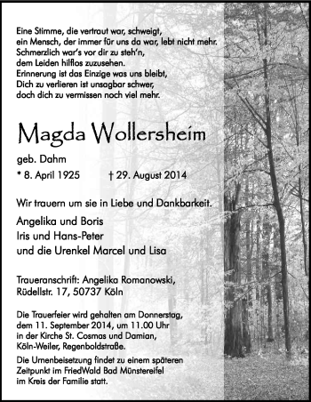 Anzeige von Magda Wollerskeim von Kölner Stadt-Anzeiger / Kölnische Rundschau / Express
